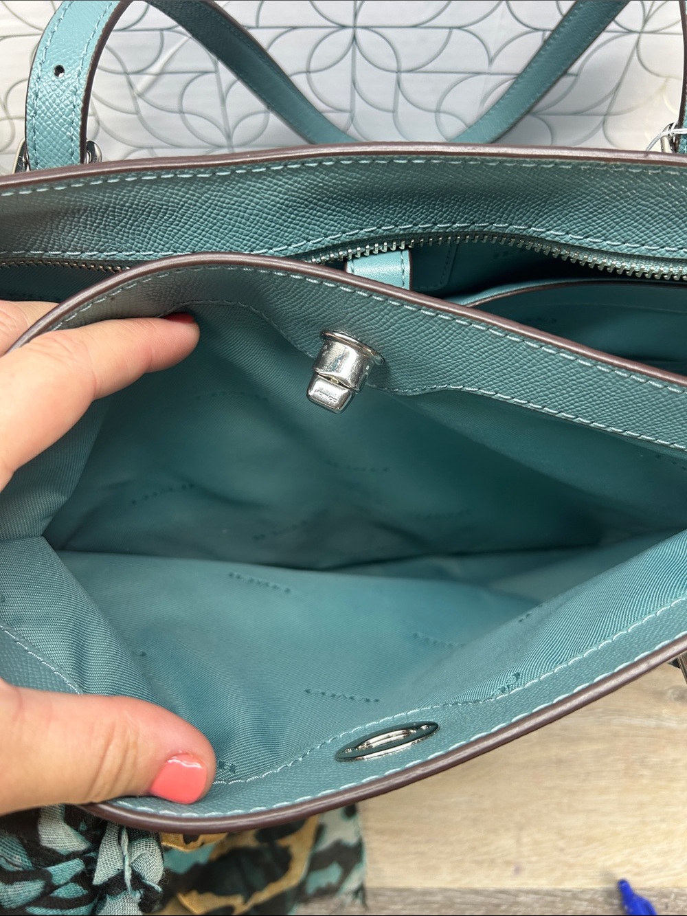 3674 Coach Teal Leather large Tote Bag 267023674 - Picture 7 of 15